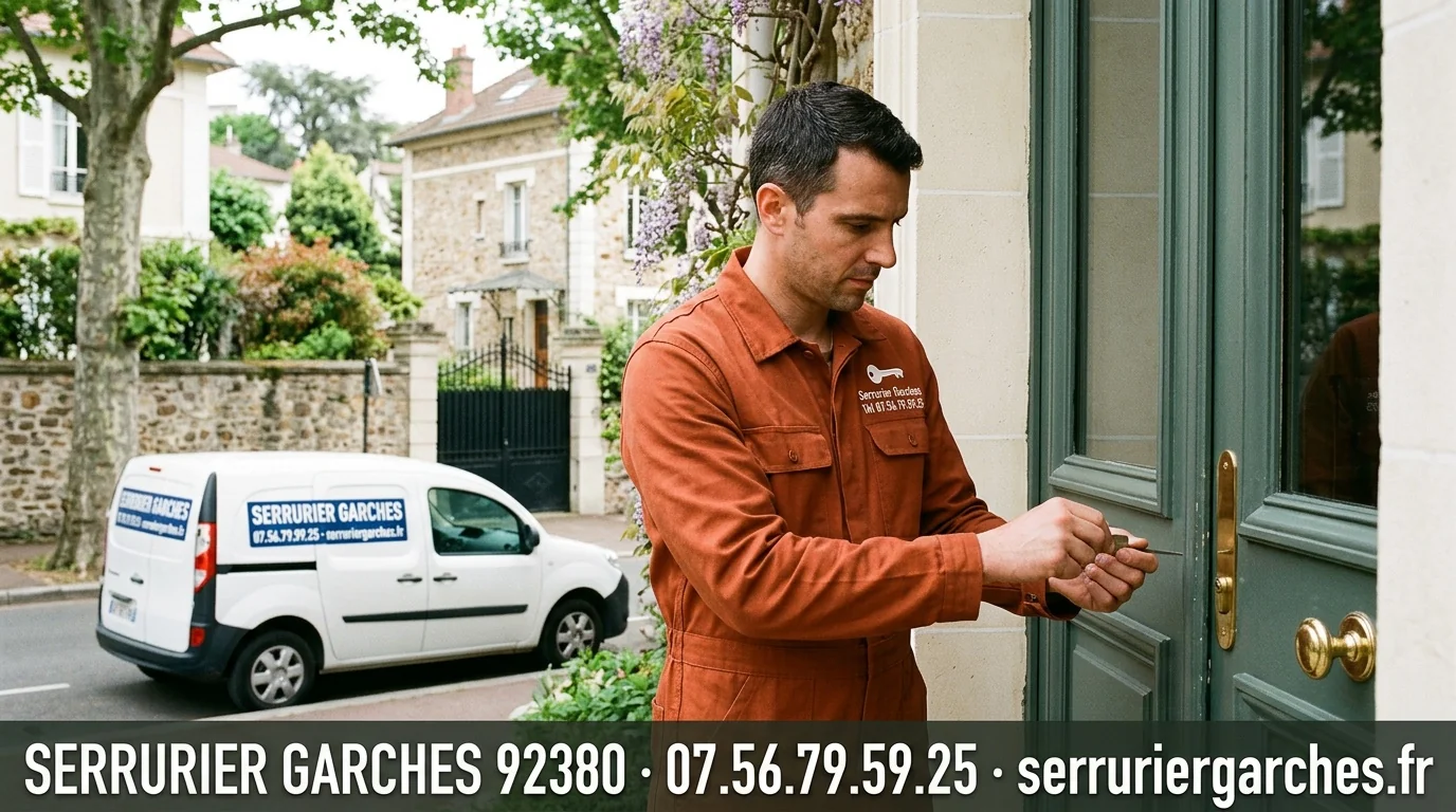 Serrurier Garches 92380 en intervention avec bannière coordonnées